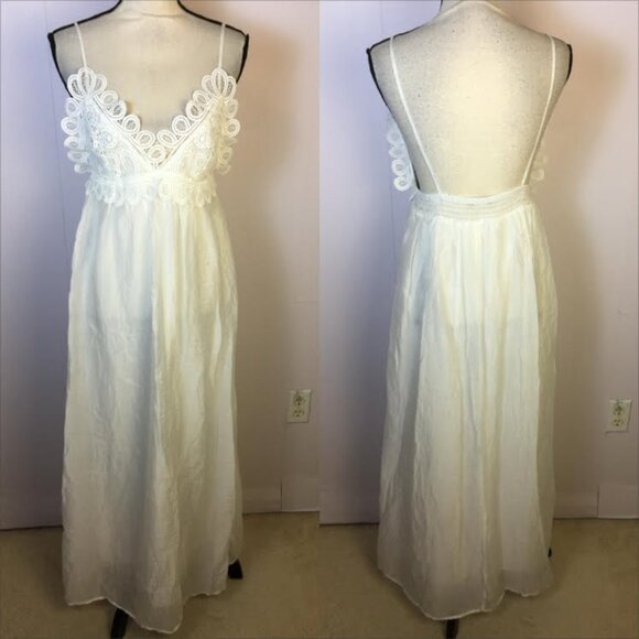 Zara Strappy Guipure Maxi Lace Dress XS Womans White V-neck Low Back Beach Boho - Picture 2 of 14